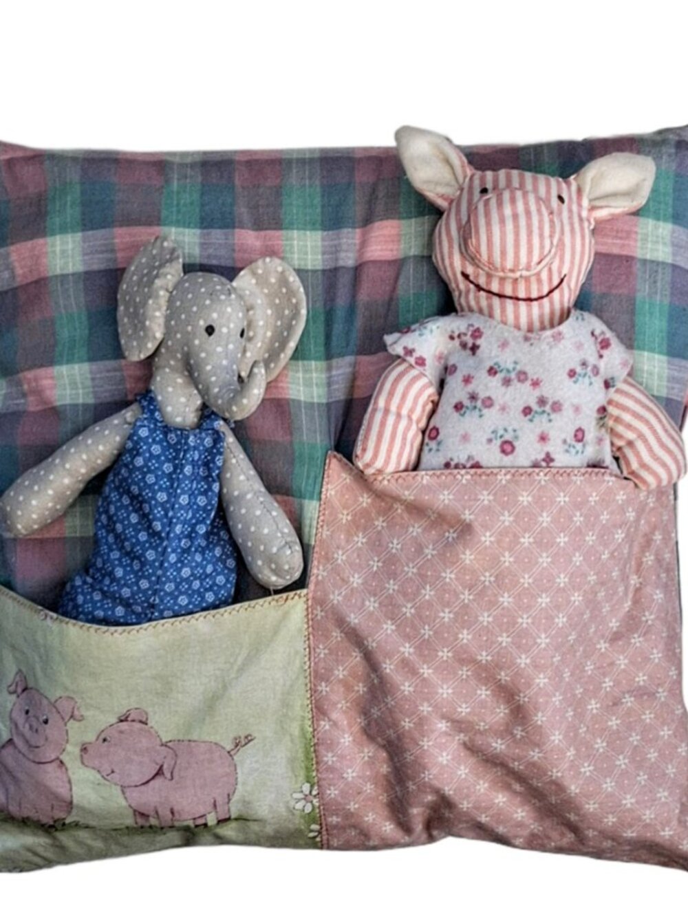 Handmade Children’s Decorative Pocket Pillow w/ Plush Elephant and Pig